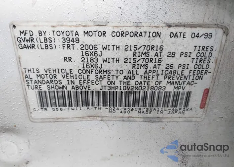 1999 Toyota Rav4 from USA, damaged, VIN JT3HP10V2X0218083